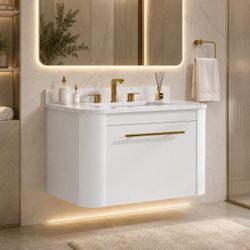 30" Bathroom Vanity with ceramic Sink, Floating , Engineered Stone Countertop , Wall Mounted, Gold Handle,  J-23