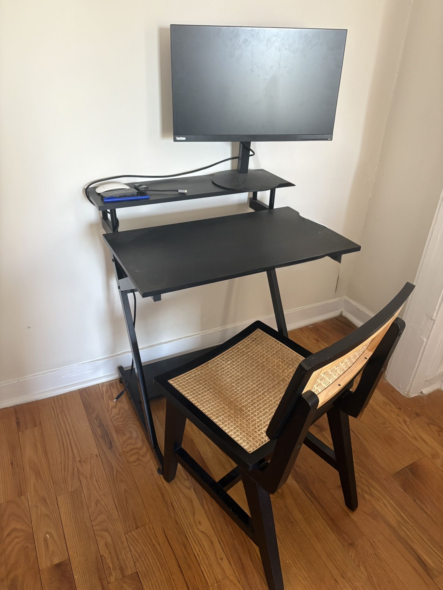 Black Computer Desk & Cane Chair + monitor Set