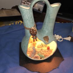 Mid century desk lamp, 3-D diorama southwest porcelain pottery