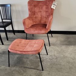 Salmon Pink Velvet Accent chair with Ottoman
