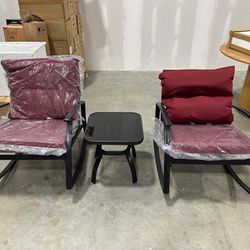3 Piece Patio Rocking Bistro Set, Glass-Top Coffee Table and Black Steel Chairs with Thick Cushions Wine Red