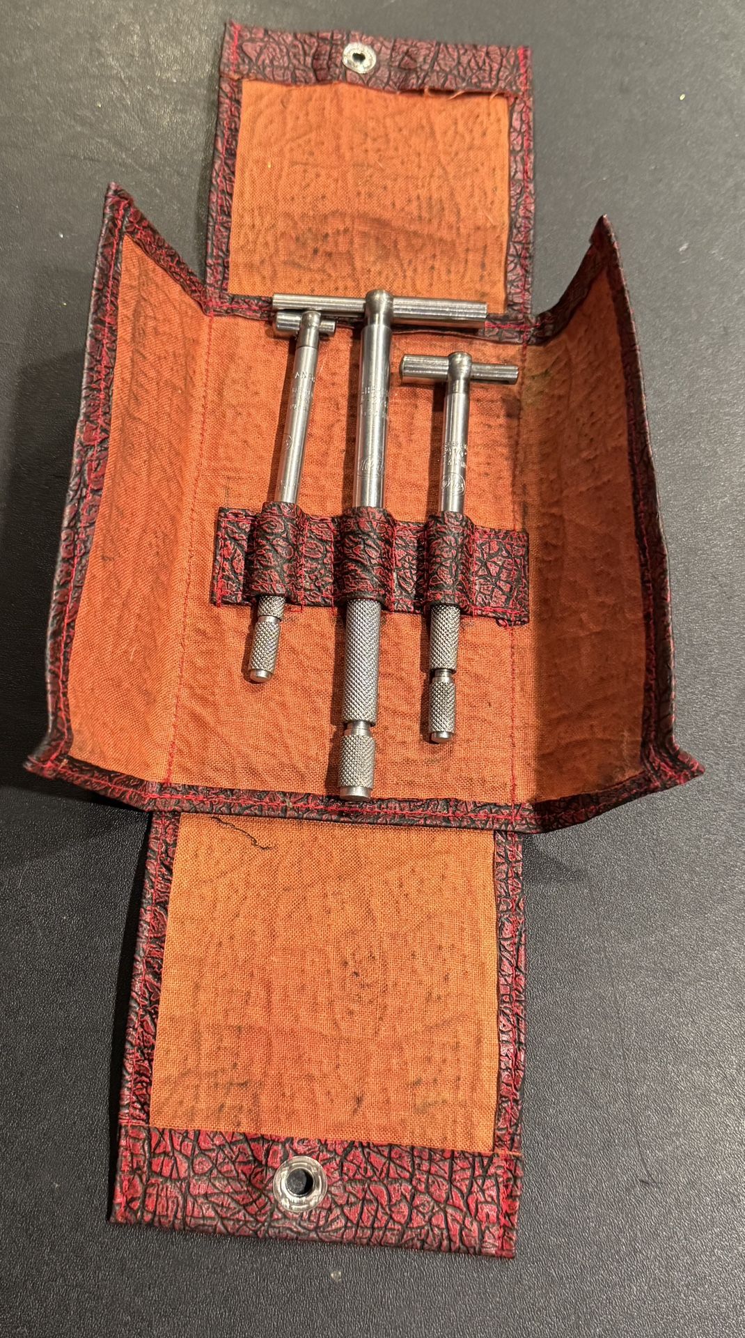 Helios Telescopic Gauge Set With Soft Case Vintage! Quality tools made in Germany. 3 pieces with a range of 1/2”x3/4”, 3/4”x1-1/4”, & 1-1/4”x2-1/8” Sn