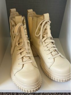 Cream Leather Lace-Up Combat Boots