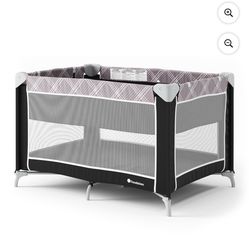 Foundations Baby Play Yard, Foldable with Bassinet & Mattress, Mod Plaid Gray