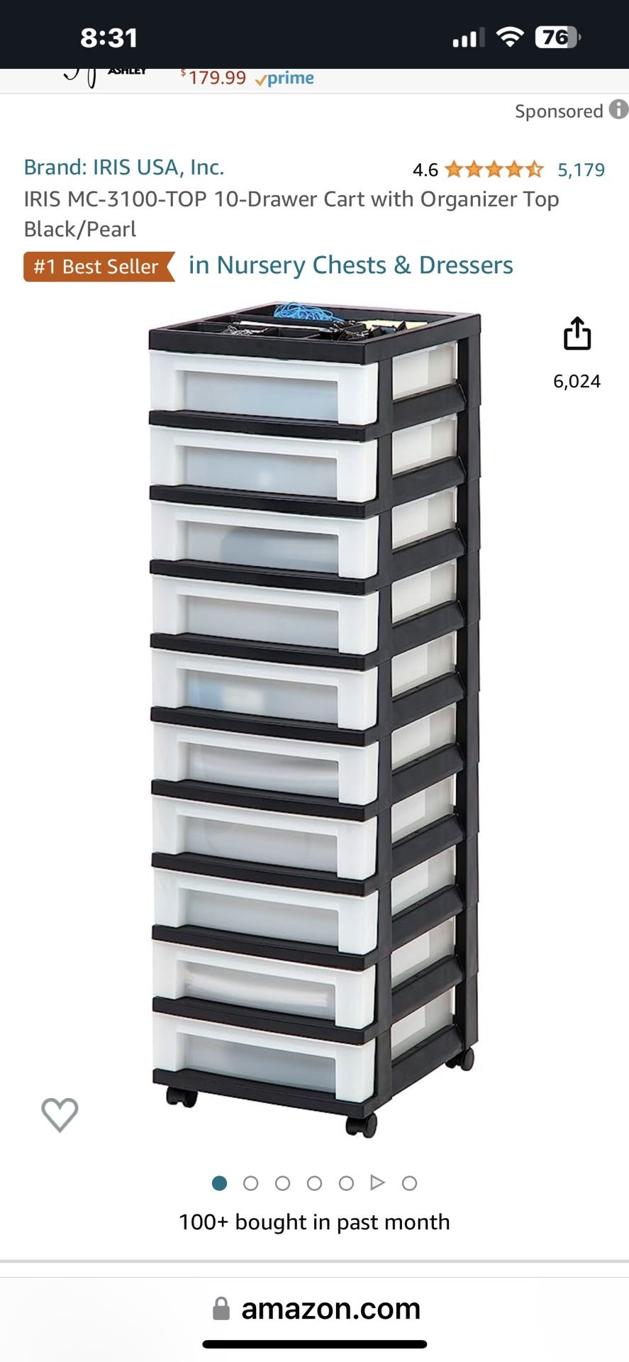 IRIS MC-3100-TOP 10-Drawer Cart with Organizer Top Black/Pearl