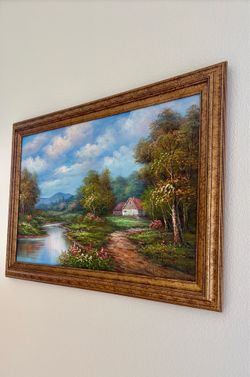 Framed Oil Painting Rural Landscape with River 42" x 30"