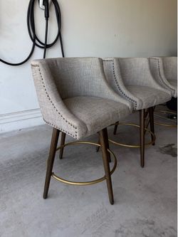 Set of 3 Swivel Counter Height Bar Stools – Upholstered Linen, Wood & Brass