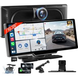 10.26'' Wireless Carplay Screen for Car with 4K Dash Cam & 1080P Backup Camera, Portable Car Audio Receivers with Carplay & Android Auto, GPS Navigati