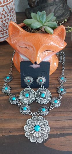 Floral Concho Turquoise Earrings And Necklace Southwestern Boho Fashion Jewelry
