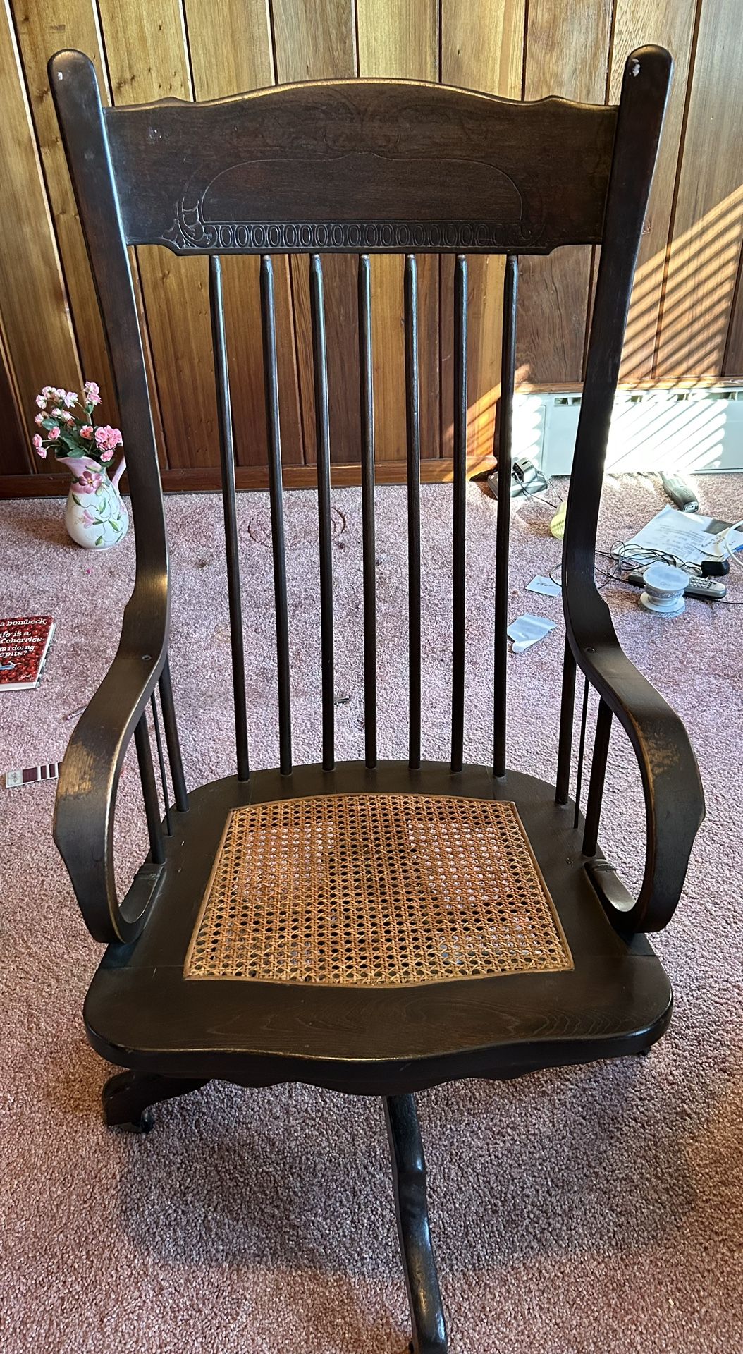 Antique Swivel Wooden Armchair With Woven Seat