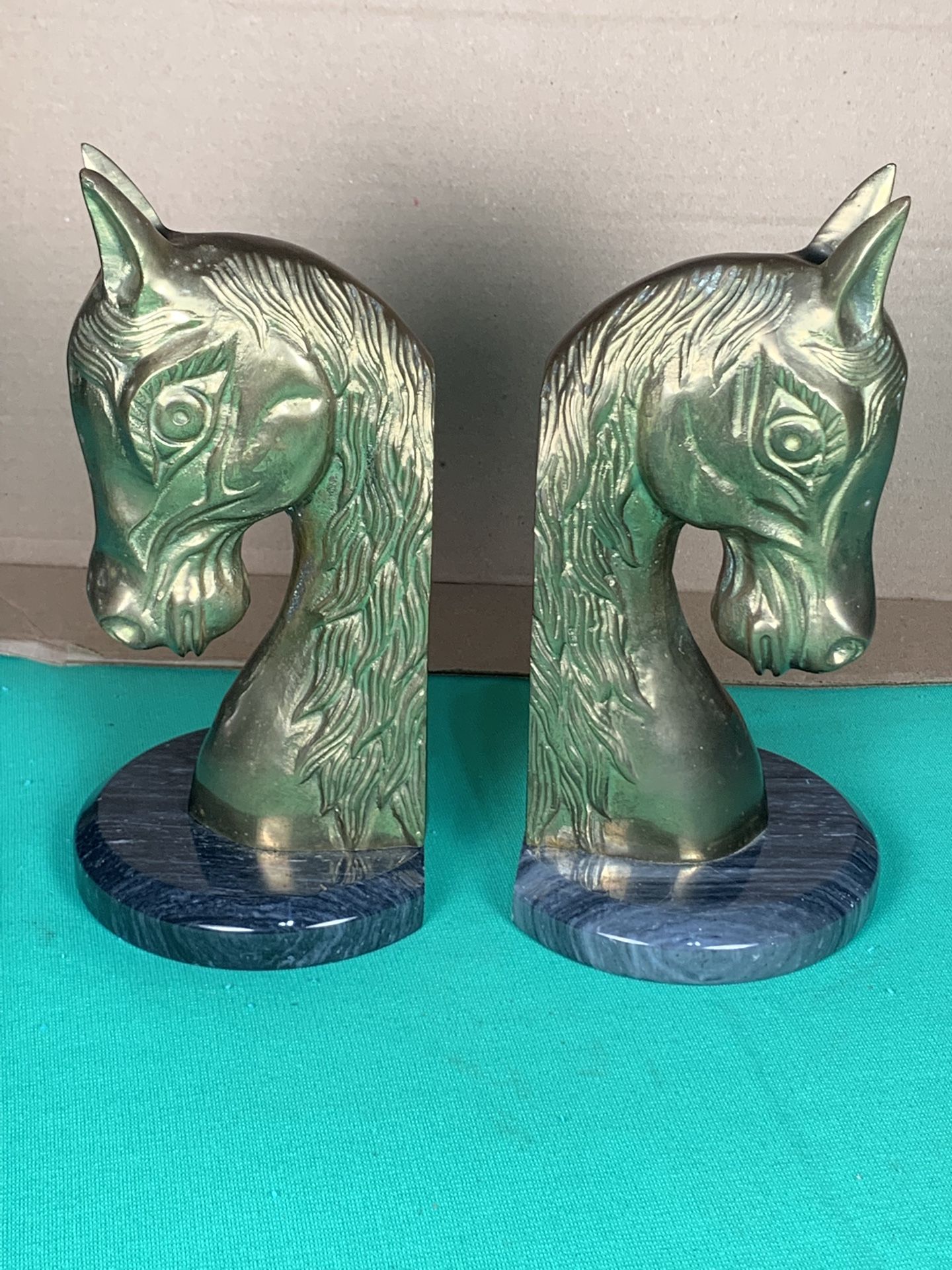 Vintage Brass Metal Horse Head Bust Statues Marble Base Set 2 Bookends Book Ends