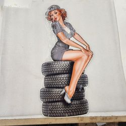 Pinup Girl On Tire Stack Garage Red Head Steel Metal Sign