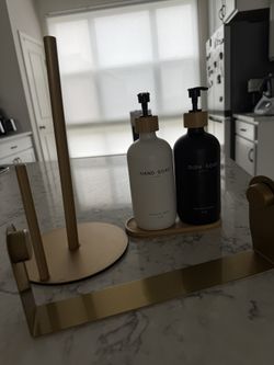 2 paper towel holders and hand soap, dish soap dispensers