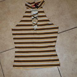 WOMEN'S JUNIOR'S SIZE MEDIUM M HOT KISS STRIPED CHOKER CORSET HALTER RAZORBACK TANK TOP SHIRT 