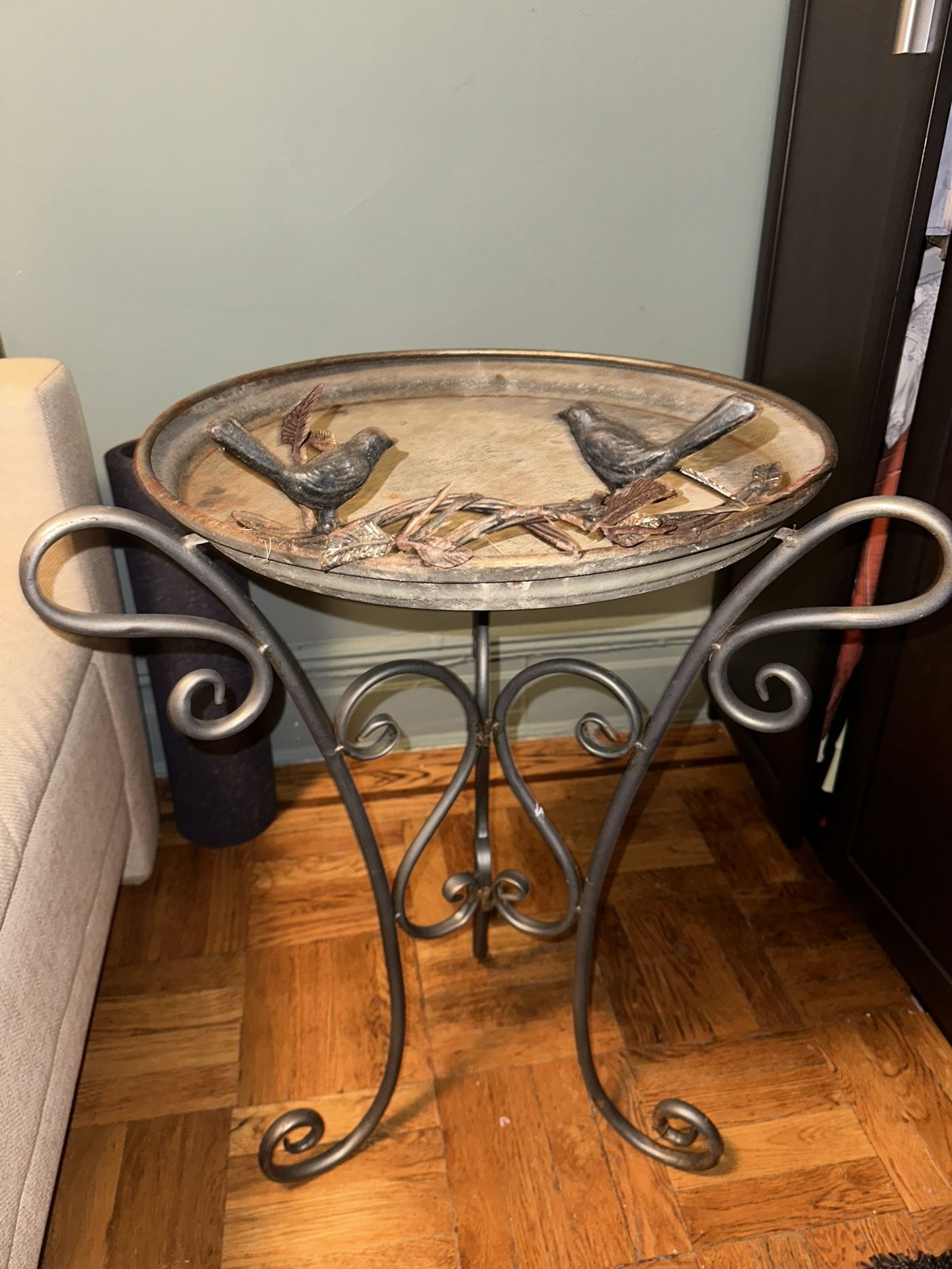 Shallow Antique Birdbath with Three Leg Stand
