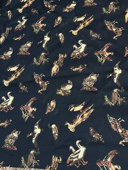 Vintage fabric, dark, blue birds, owl, ducks, quail, reupholster 58 x 178