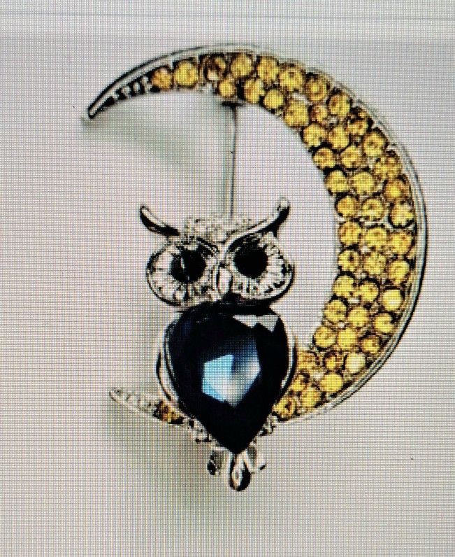 Crystal Owl On Moon Brooch