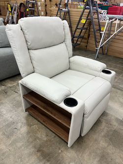 White Leather Recliner Chair with Cup Holders