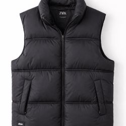 ZARA Black Puffer Vest Men’s Medium Quilted Zip Sleeveless Jacket
