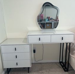 White Vanity Desk with LED Mirror and Dresser