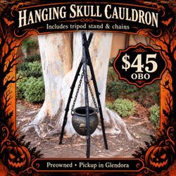 Hanging Skull Cauldron with Tripod Stand – Halloween Décor – $45