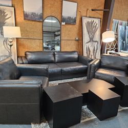 Real Black Leather Living Room Set 