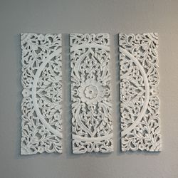 White wood handmade intricately carved floral wall decor