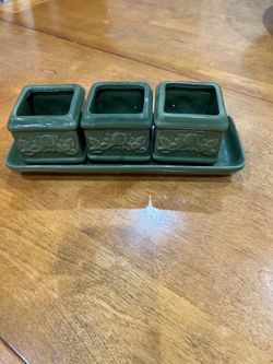 Green Ceramic Planter Set. 11 inches long and 3 inches high.