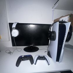 Ps5 + Monitor, Gaming Chair 2 Controllers, 2 Headsets,  L Shaped Desk