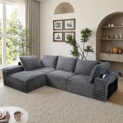 114" Extra Large Upholstered Corduroy Sofa with Charging Station & Cup Holders, Compression Packaged, 3-Seat Modern Couch for Living Room, Dark Grey