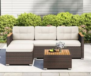 3-Piece Wicker Love Seat Rattan Set with Cushions and Coffee Table