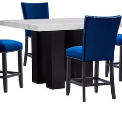 Artemis Counter-Height Marble Dining Table and 4 Upholstered Stools