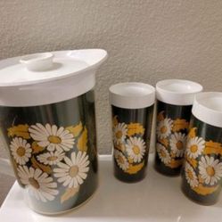 Vintage West Bend Thermo Mugs With Pitcher Patio Sunflower Set