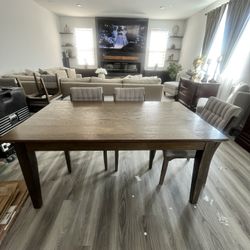 wood dining table +chairs and bench