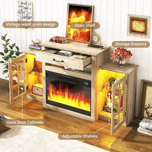 60" Electric Fireplace with Mantel, LED Fireplace TV Stand for up 65" 70" Flat Screen TVs, Tall Entertainment Center with Glass-Doors & Glass-Shelves.