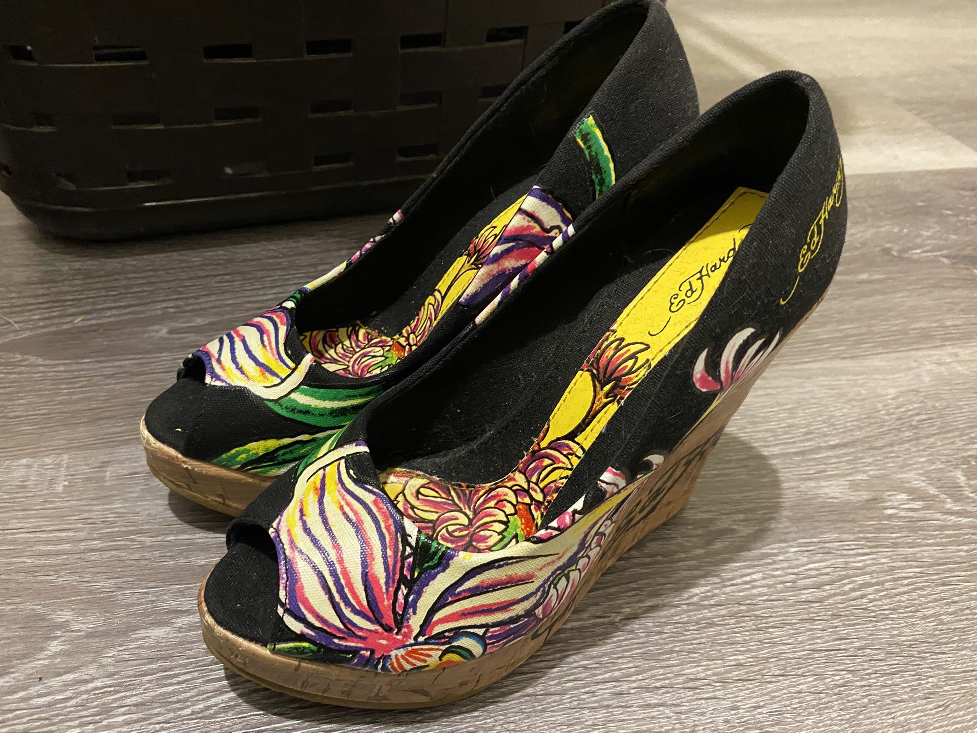 Ed Hardy Wedge Shoes Black With Floral Design Heels
