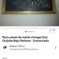 Raro Panel De Metal Vintage Don Quijote Bajo Relieve Enmarcado
