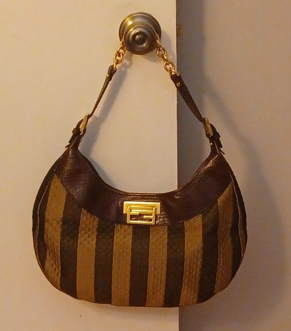 Fabulous Fendi Brown Leather Con Clip Pequin Stripe Canvas Hobo Bag - 8BR552