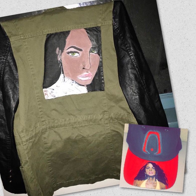 Aaliyah hand painted jacket and hat for $125