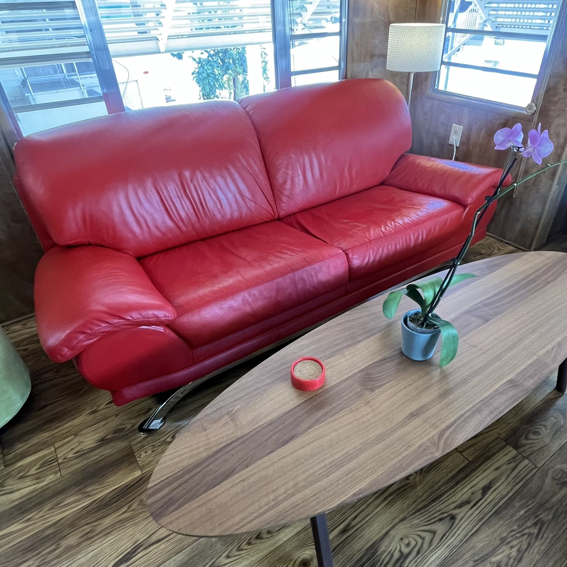 Red Leather Retro Style Couch Chrome Feet