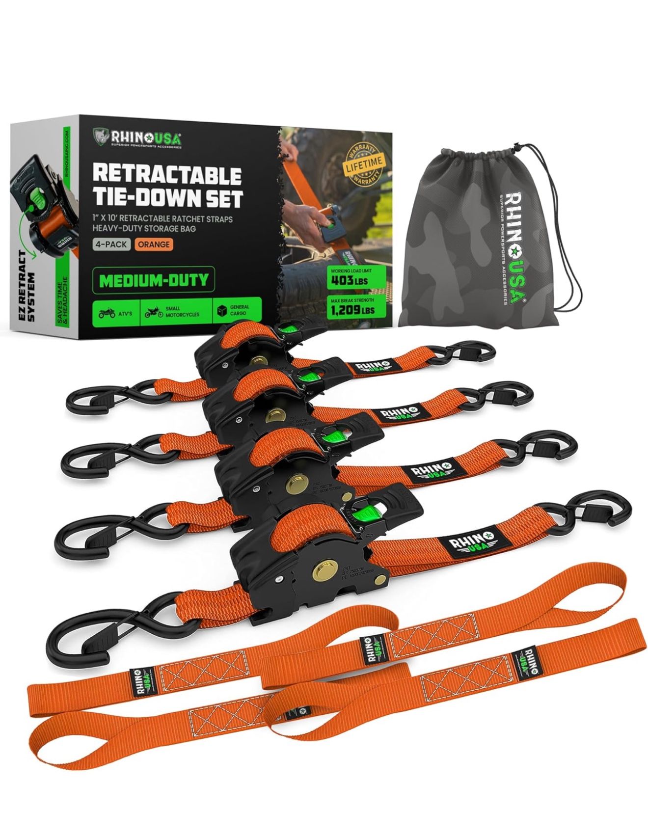 Rhino USA Retractable Ratchet Straps (4-Pack) - 1 Inch x 10 Feet (1,209lb Break Strength) - Heavy Duty Auto Self Retracting Tie Down Straps for Truck,