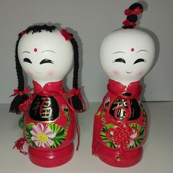 Traditional Chinese 8" Ceramic Fuwa Happy Couple Piggy Bank Coin Dolls Figurines