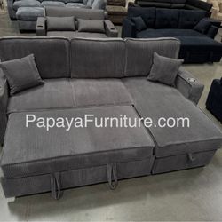 New! 89”L Reversible Grey corduroy Sectional Sofa Bed, Sectional Sofa Bed, Grey Sofa, Sleeper Sofa, Grey Couch, Reversible Sectional, Sectional Sofa W