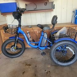 TRICYCLE ELECTRIC BY MOONCOOL.  Less Than 10 Miles On Odometer…1100w motor 48V 14.5h batt, 7 Sped. 20"x4" fat tires. 3 wheel elec bike.  Speed 25-60 