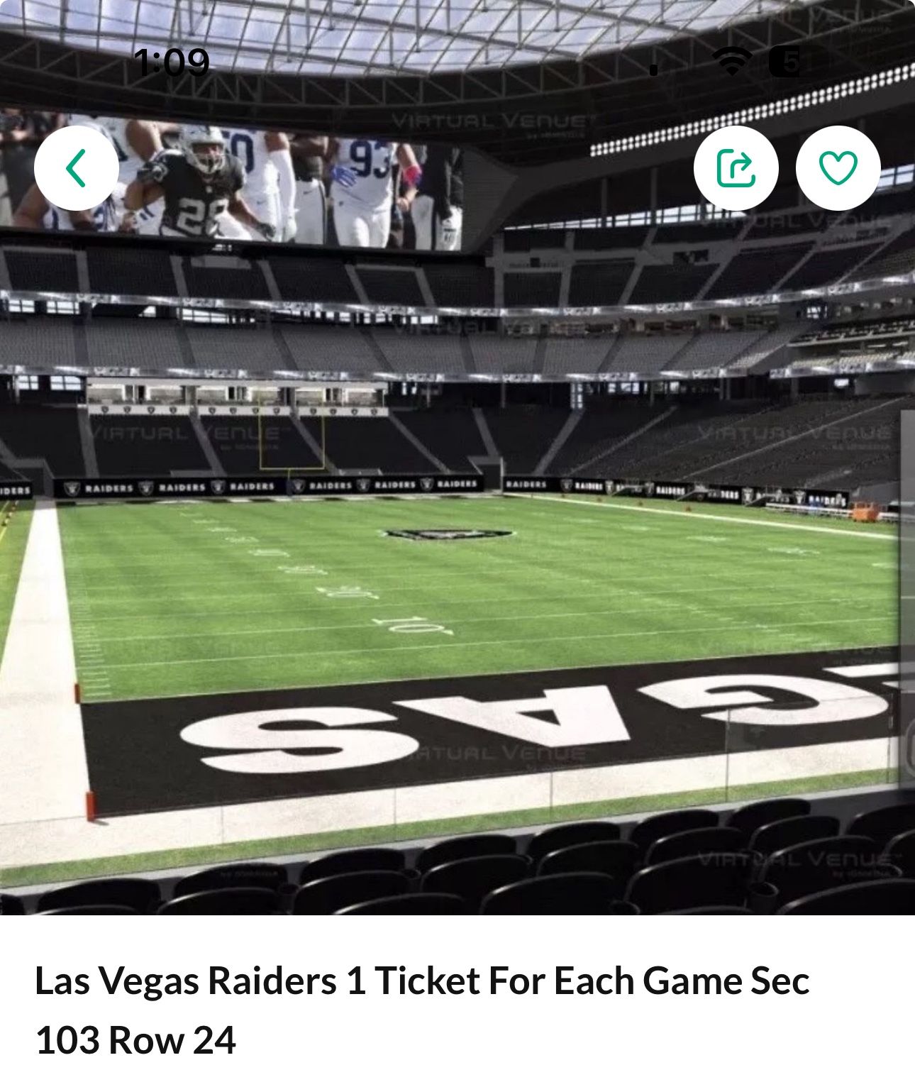 Las Vegas Raiders 1 Ticket For Each Game Sec 103 Row 24(actually15) Cheapest Ticket anywhere and always a seat available next to this one..