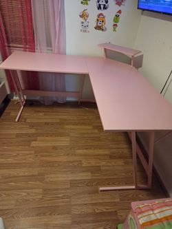 Pink L-Shaped Desk with Monitor Riser