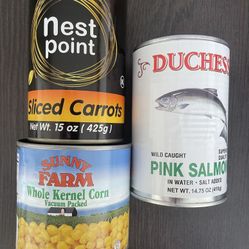 Cans of corn, salmon, carrots