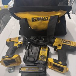 Dewalt 20-volt kit with 1/4” impact gun, 1/2” Drill, 1 Battery plus charger and carrying bag 