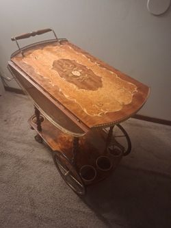 Vintage Italian Inlaid Wood Bar Tea Cart