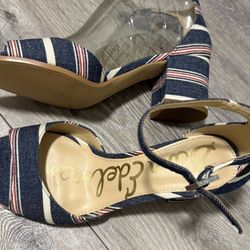 New Sam Edelman Striped Denim Block Sandals 6.5